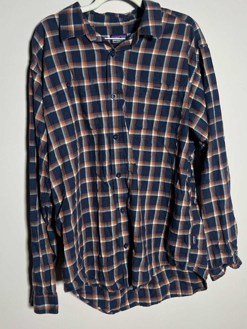 Patagonia Men's Navy and Brown Plaid Button-Down Shirt